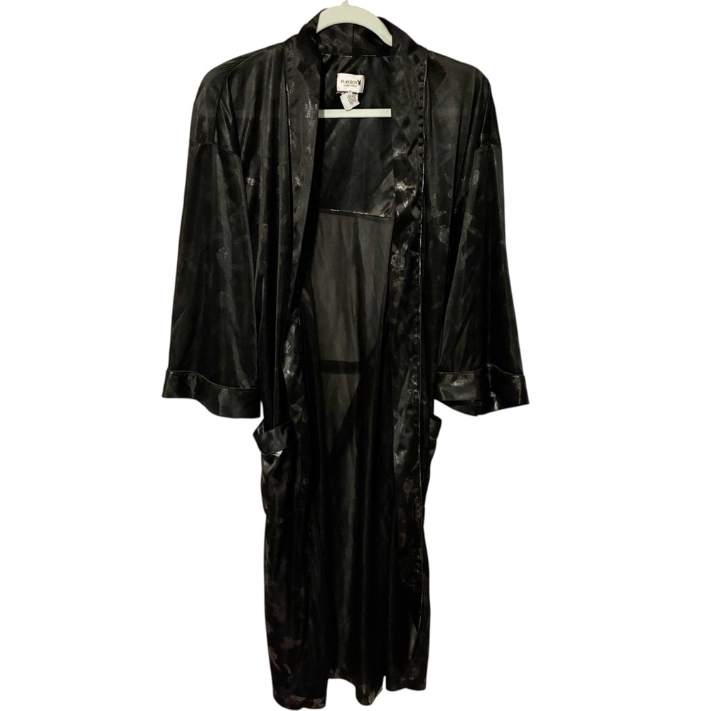 Playboy Size Small/Medium Black Satin Bunny Print Belted House Bath Robe